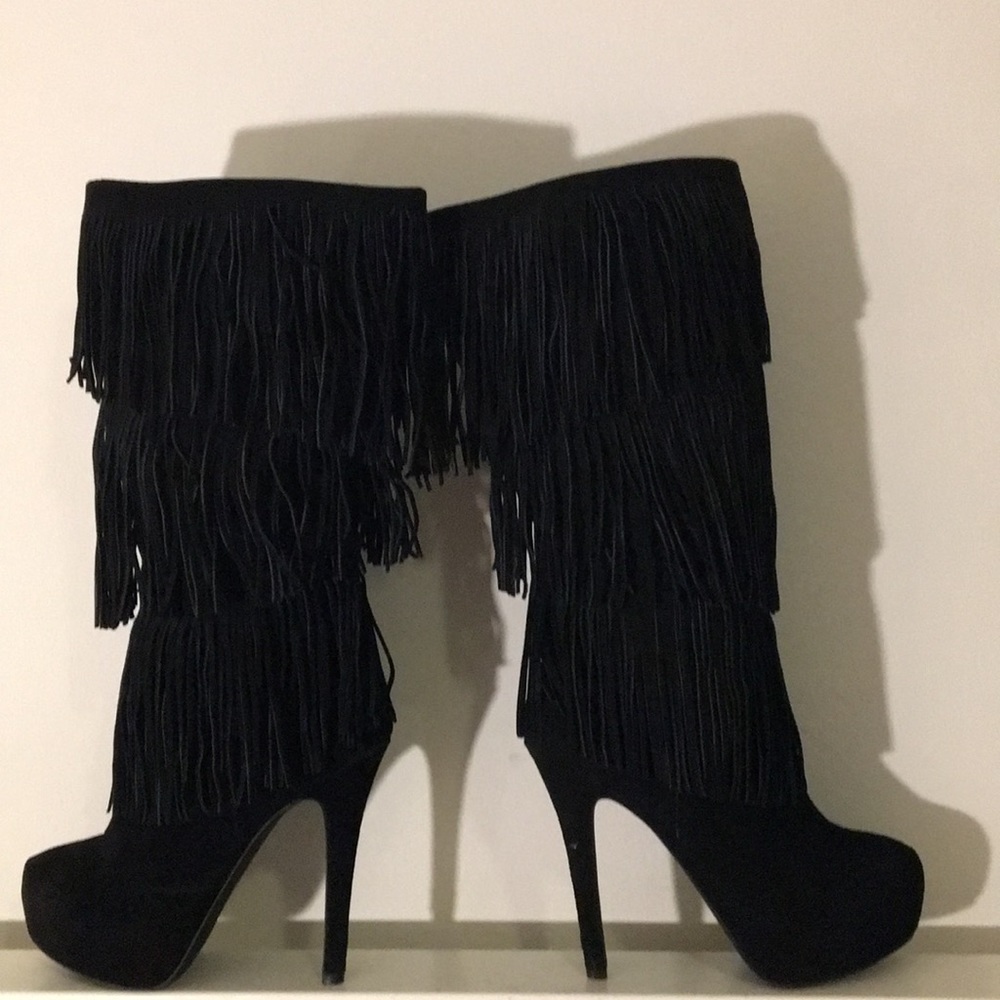 Black Suede High Heel Knee Boot With Fringes